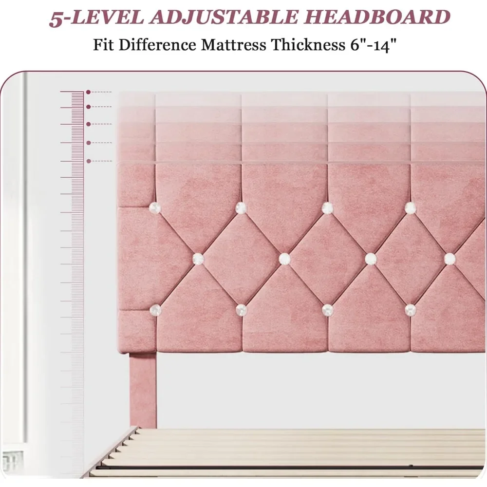 Full Size Bed Frame, Upholstered Platform with Adjustable Diamond Tufted Headboard, Wood Slat Support, No Box Spring Needed 5