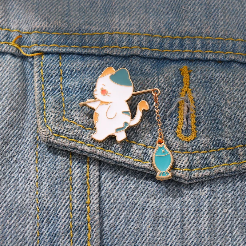 

Cat Fish Pendent Enamel Pin for Backpack Metal Lapel Badge Animal Pin Kitten Fishing Funny Jewelry Clothes Brooch Jewelry Gifts