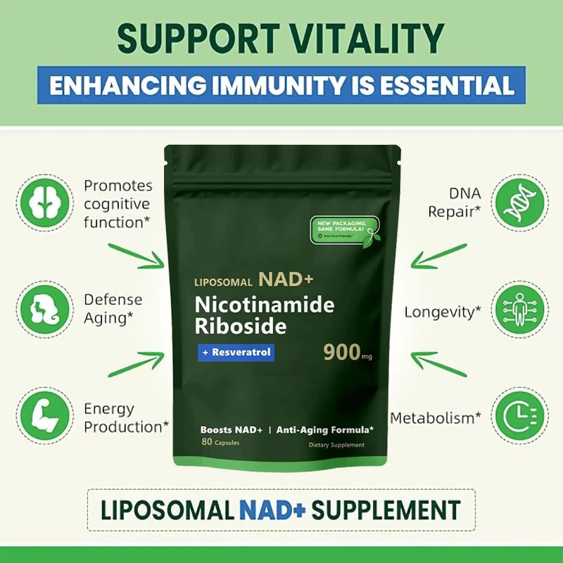 NAD+ Supplement Capsules 3Bags Liposomal Nicotinamide Riboside 900mg Resveratrol Protect Blood Vessels Skin Health Care