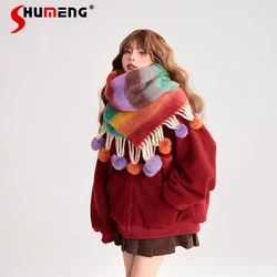 Women's Long Scarf Autumn And Winter Colorful Striped Fur Ball Mohair Thick Warm Bib Shawl Scarf Apparel Accessories Female