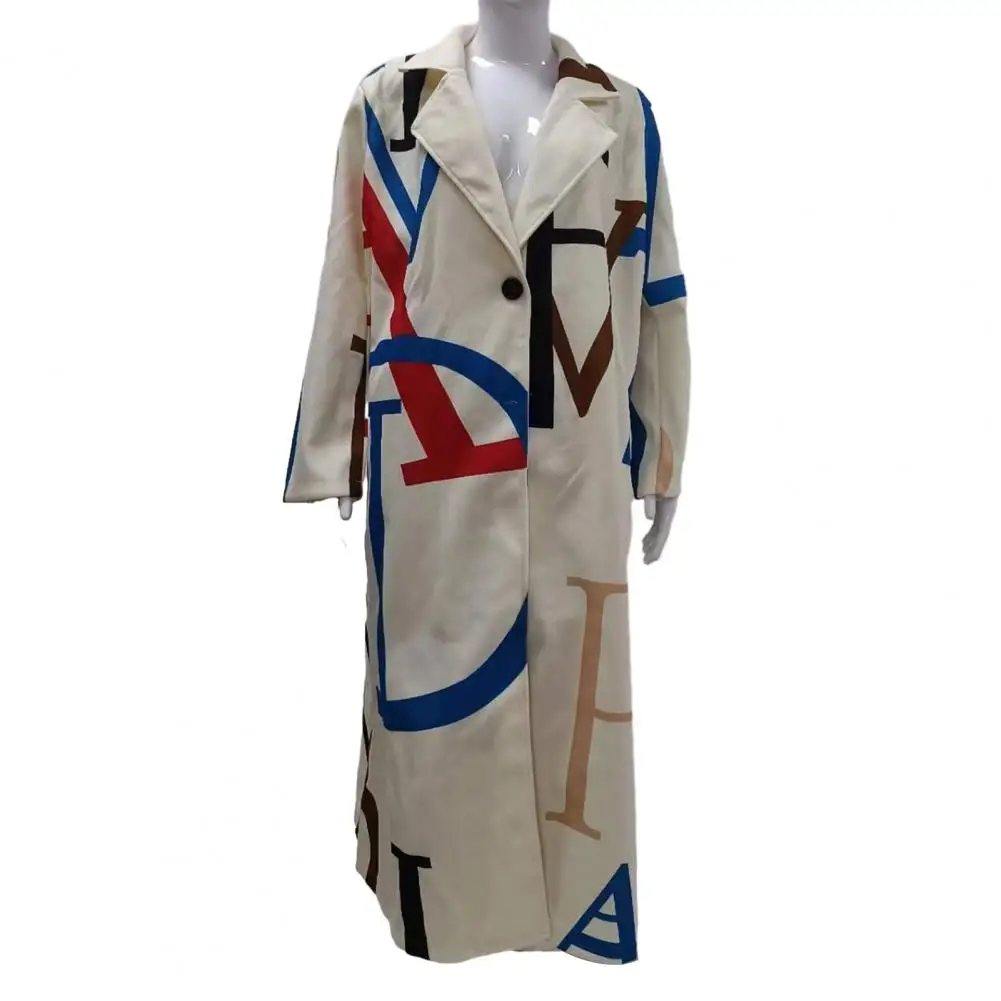

Women Autumn Winter Long Woolen Coat Lapel Long Sleeve Solid Color Printing Single Button Loose Fit Office Lady Overcoat