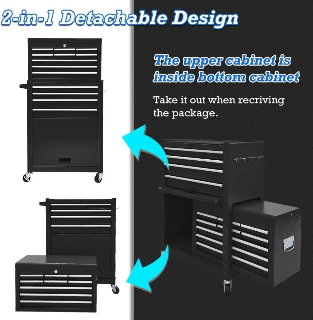 13 Drawers Tool Chest with Wheels,Large Capacity Tool Storage Cabinet with Removable Top Toolbox, Locking Mechanical Tool Cart 6