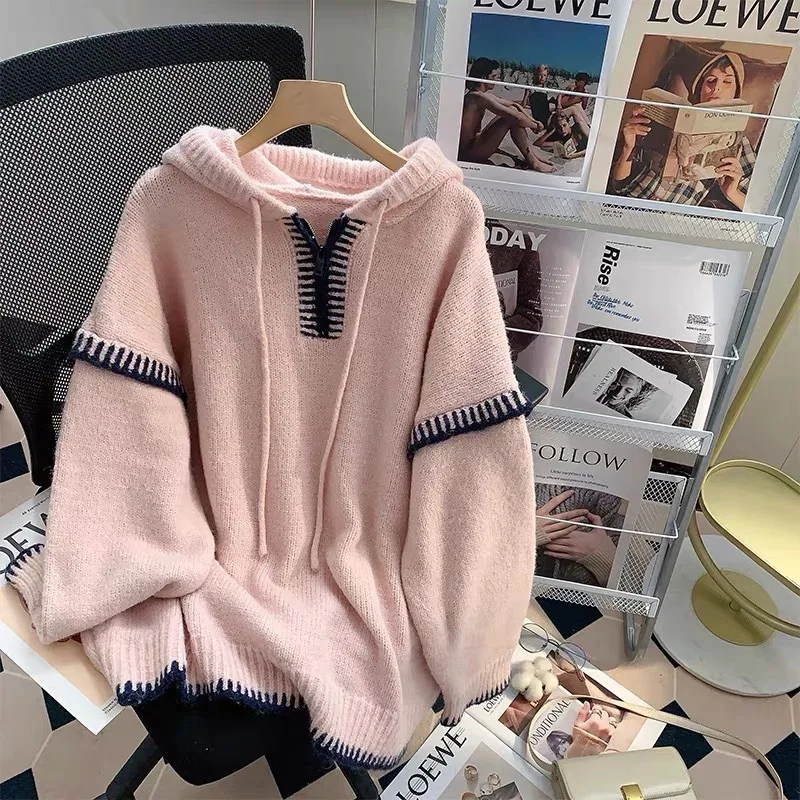 

Hsa Harajuku Fashion Solid Hooded Sweater Women American Retro Knitted Pullover Vintage Streetwear Jumper Long Sleeve Top