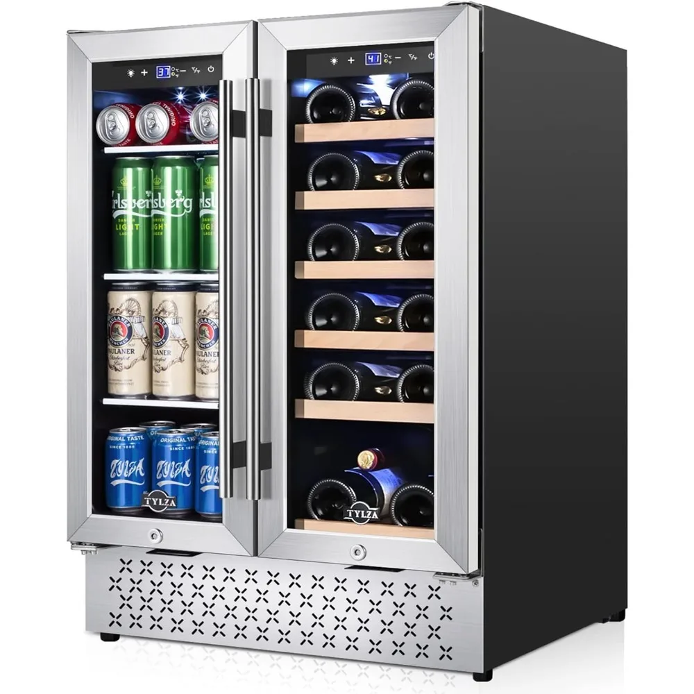 Tylza Wine and Beverage Refrigerator 24 Inch Dual Zone, French Door Wine and Beverage Cooler 24'' Built-In