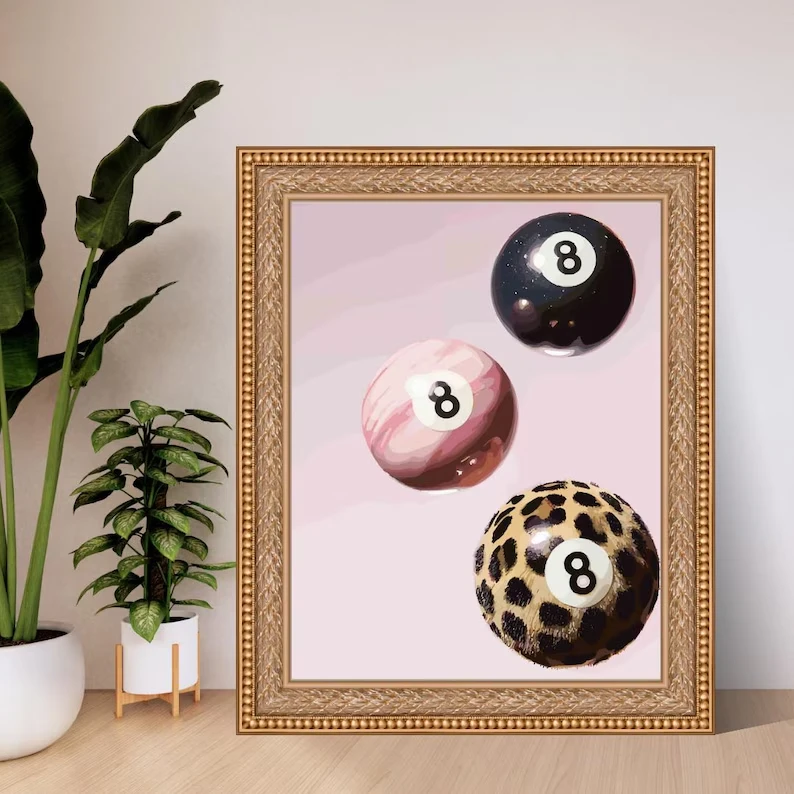 Vibrant Pink Leopard Cheetah Canvas Art with Lucky 8 Ball Design