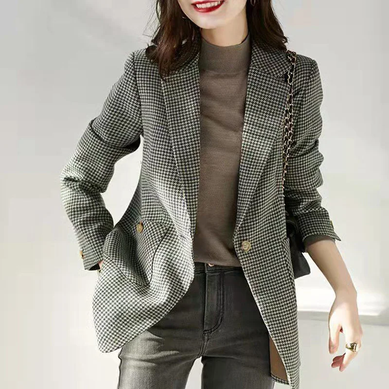 Elegant Lapel Button Spliced Pockets Houndstooth Blazer Women's Clothing 2023 Autumn New Casual Tops Loose Office Lady Blazers