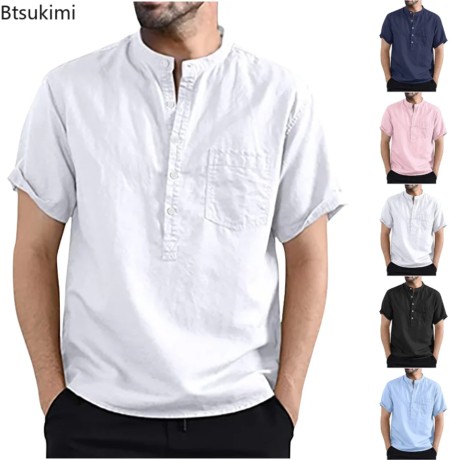 

New 2023 Men's Summer Casual Shirts with Short Sleeve Solid Cotton Linen Hemp Button Blouse Top Male Fashion Shirts Tees Blusas