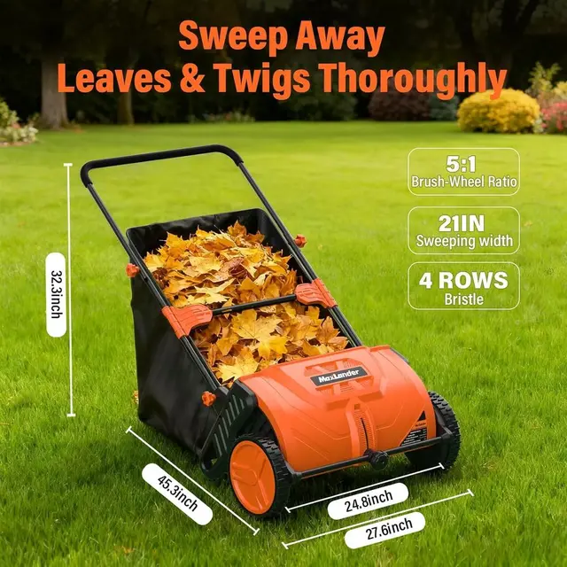 21 Adjustable Lawn Sweeper with 3.5 Cubic Ft. Hopper for Leaves, Grass, and Debris 5