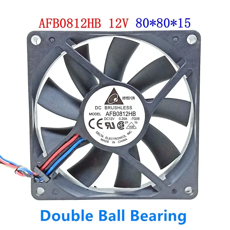 Original Delta AFB0812HB Server Fan 8CM 80MM 8015 80*80*15MM Double Ball Bearing Cooling Fan 12V 0.2A 3 Wire Fan With 3PIN 1pcs shlf rb1238h12b 6 dc 12v 1 60a 120x120x38mm 2 wire server cooling fan