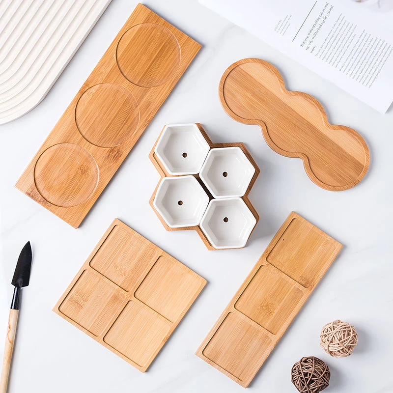 Wooden Tray Multi Bamboo Multi Shape Wooden Holder Pot Tray Coffee Coaster Home Garden Decor Photography Props 2