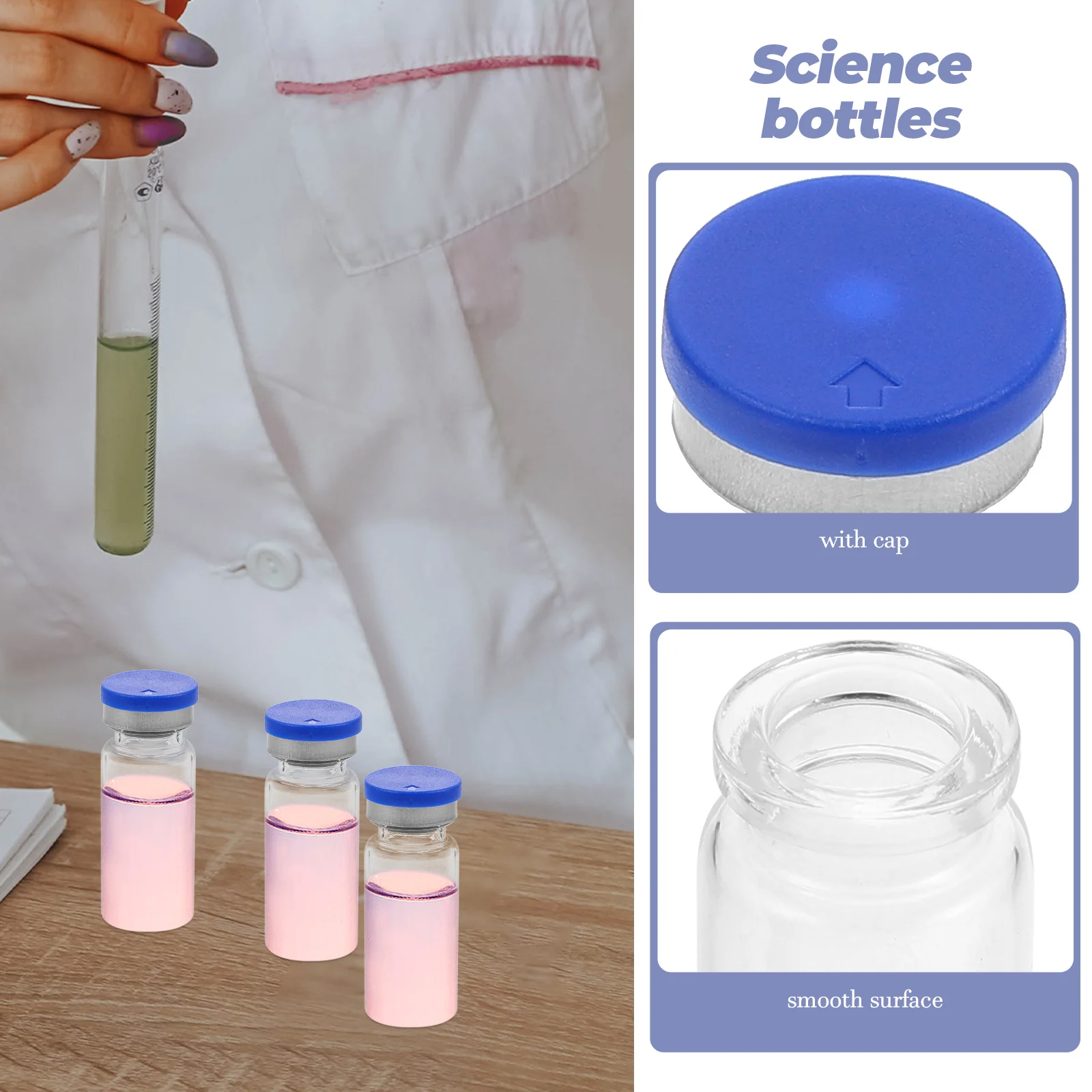 Water Mini Glass Vials Glass Reagent Bottle 20 Pack 10Ml Clear Headspace Caps Stoppers Flat Bottom Sample Lab Chemical Vial Transparent