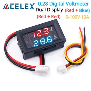 Цифровой вольтметр Амперметр постоянного тока 0-100 в 10 А, двойной дисплей, детектор напряжения, стандартный индикатор напряжения, 0,28 дюйма, красный, синий светодиод