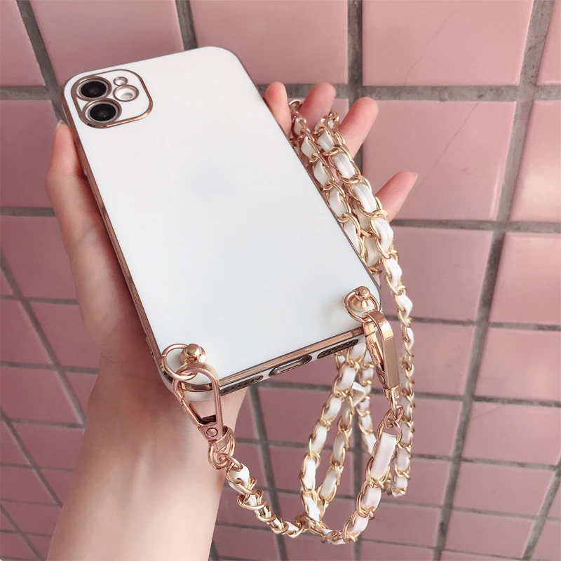 Elegant Crossbody Leather Phone Case with Metal Chain Necklace