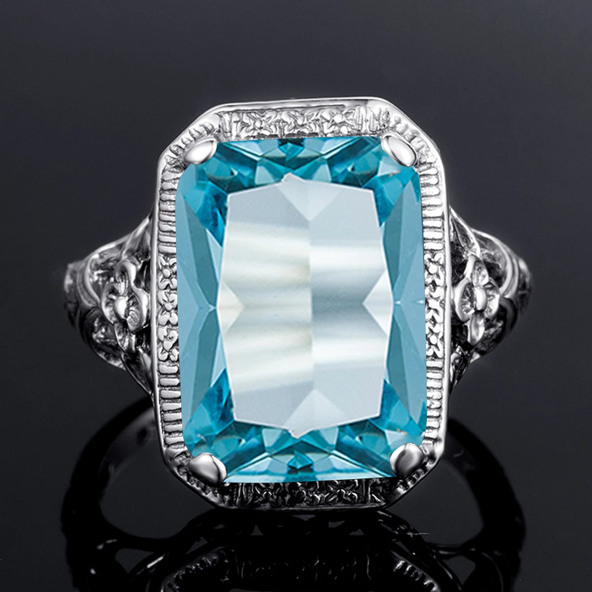 

925 Sterling Silver Aquamarine Rings For Women Gothic Style Rectangle gemstone Ring Classic Jewelry Accessories Anniversary Gift