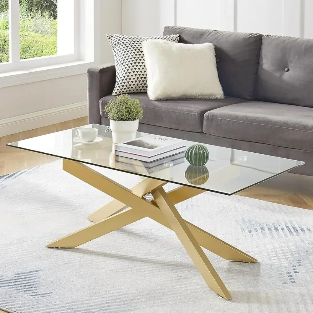 

Coffee Tables Tempered Glass Top and Metal Tubular Leg Coffee Tables for Living Room Gold Cafe Table 47.3”Lx23.6”Wx18.1”H Center