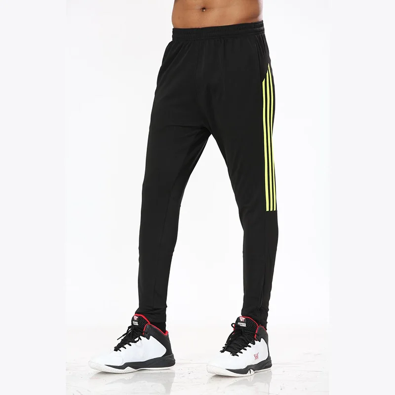 Men's Winter Training Black Pants with 3 lines Quick Dry Skinny Pants Adult Football Training Long Pants with Leg Slit Zippers