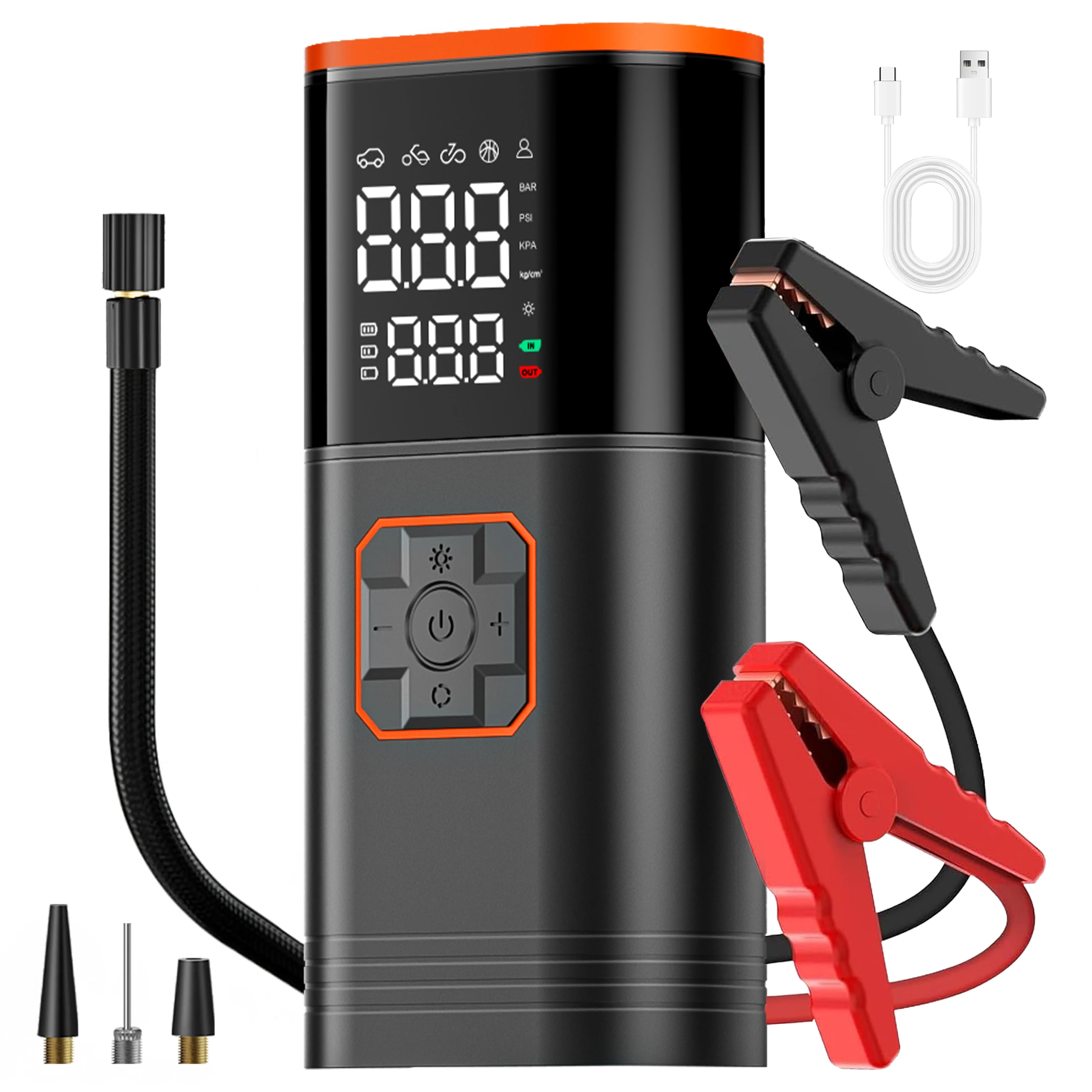 Digital Display Portable Tire Inzzator, USB Rechargeable Air Compressor for Car Bike Motorcycle Tires, Balls, Inflatable Toys
