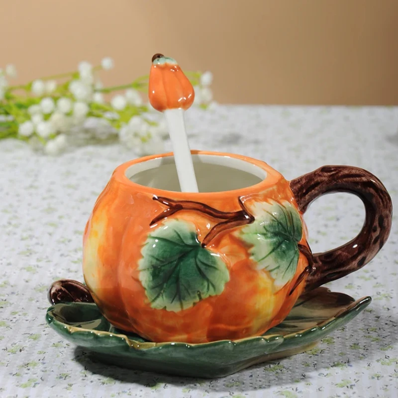 

Ceramic Pumpkin Mug with Saucer Spoon, Coffee Cup, Teacup Set, Tea Mugs, Water Cups, Milk Cups, Gift