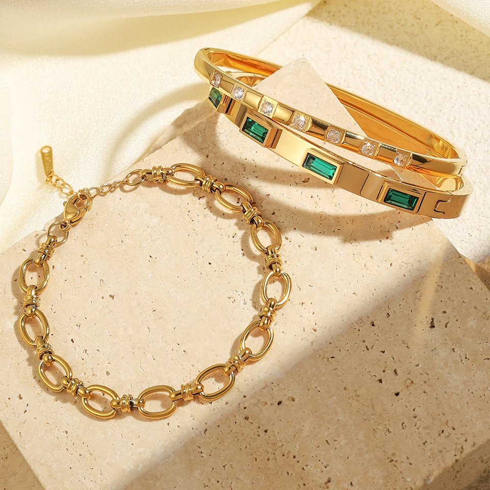 Luxury Gold Plated Stainless Steel Cuff Bracelet For Women Men Green Cubic Zircon Couple Bangle Waterproof Fashion Jewelry Gift 4