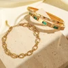 Luxury Gold Plated Stainless Steel Cuff Bracelet For Women Men Green Cubic Zircon Couple Bangle Waterproof Fashion Jewelry Gift 4