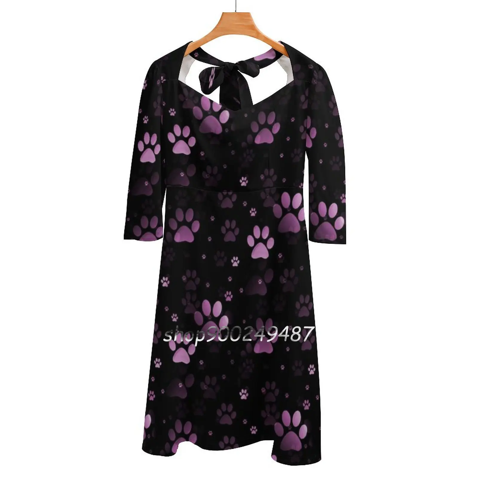 

Pink Paw Prints Square Neck Dress New Plus Size Elegant Women Waist Tight Dress Paw Paws Footprints Animal Tracks Feet Foot