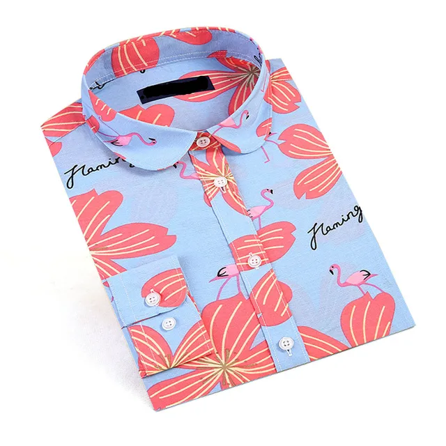 Feminino Novo Flamingo Imprimir Camisas Blusa De Mangas Compridas 2018  Primavera POLO Collar Camisa De Todos Os Jogo Tops Moda Feminina Camisa  Chiffon De $104,88