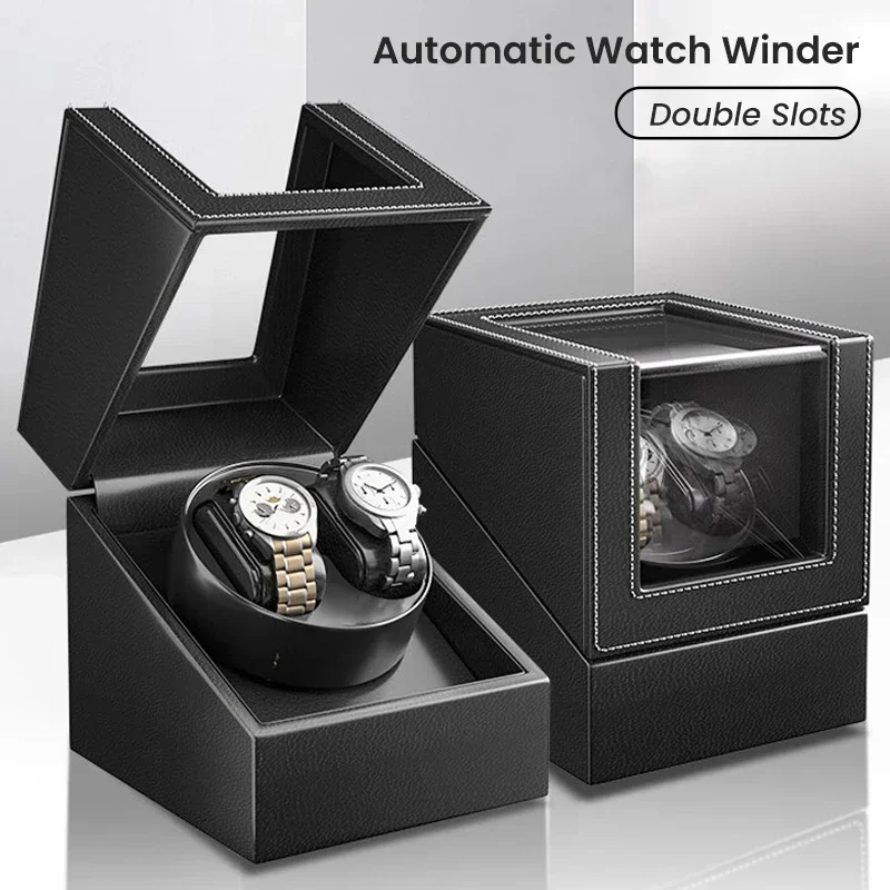 Double Watch Winder for Automatic Watches Automatic Watch Winder Leather Box 2 Slots for Men with Quiet Motor