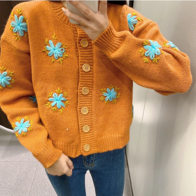 vintage retro orange flower cardigan