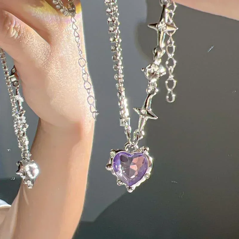 Four Stars Purple Love Necklace for Women with Unique Design High Grade Japanese  Korean Personalized Accessories Cool Trendy