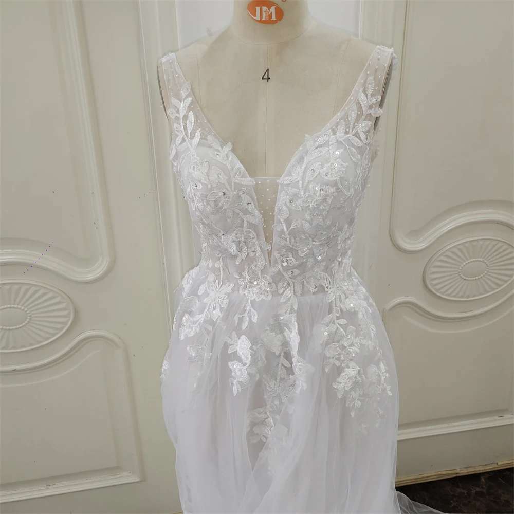ZJ6002 Customized Boho V-neck Wedding Dresses Spaghetti Straps Appliques Corset Beach Tulle Bridal Gown Lace Floor Length 5