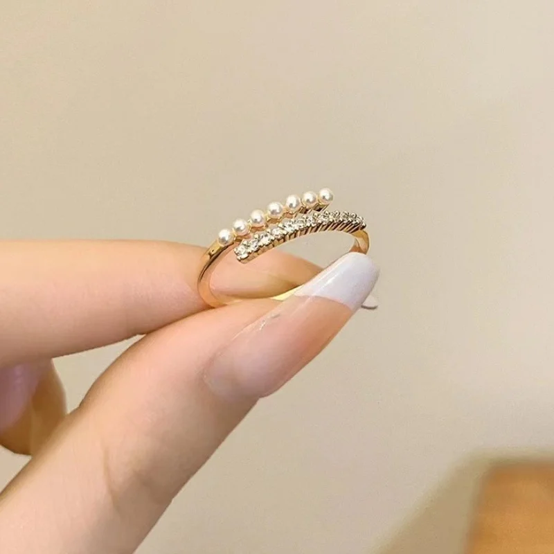 14K Gold Plated Simulated-pearl Beaded Ring for Women Statement Stackable Open Rings 2024 New Trendy Jewelry Accessory