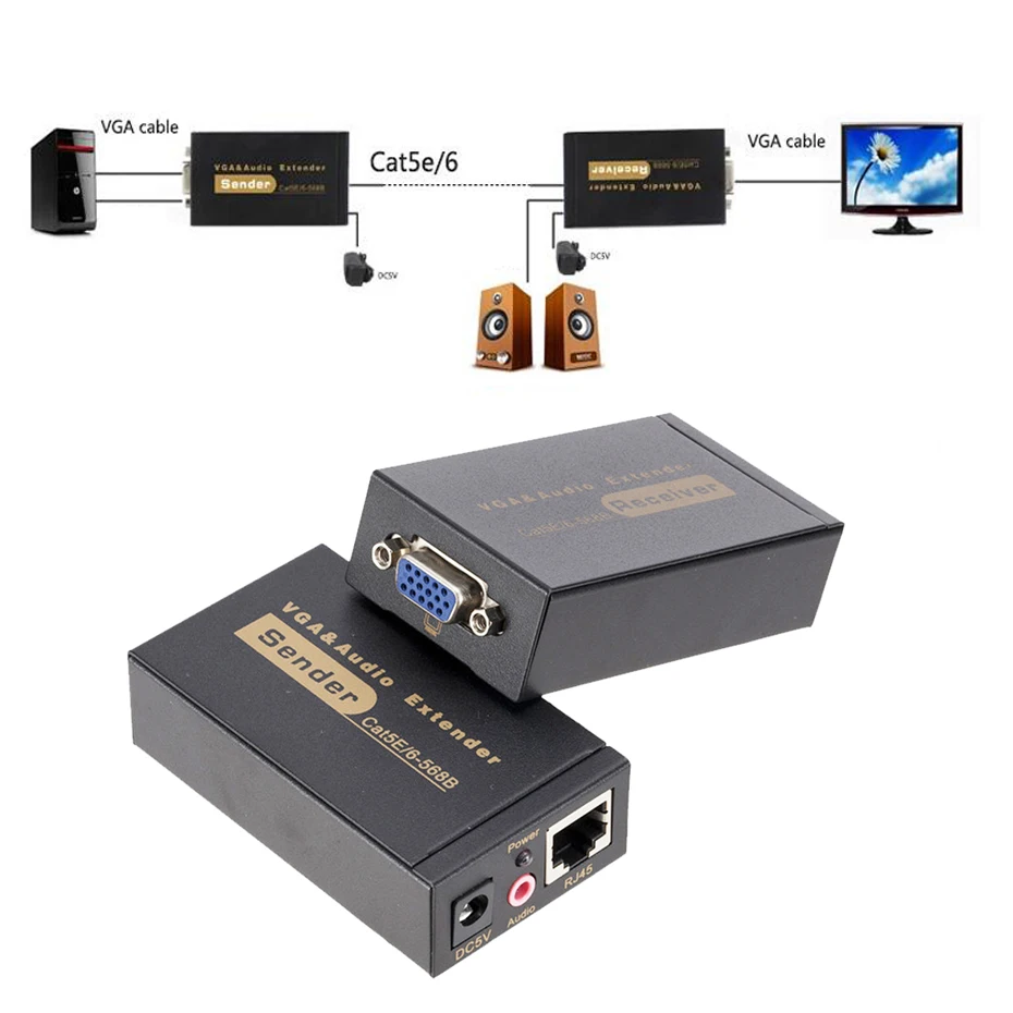 VGA Extender over cat5e/6 cable 1080P VGA Extender RJ45 with audio to ethernet RJ45 Converter up to 100M PC laptop