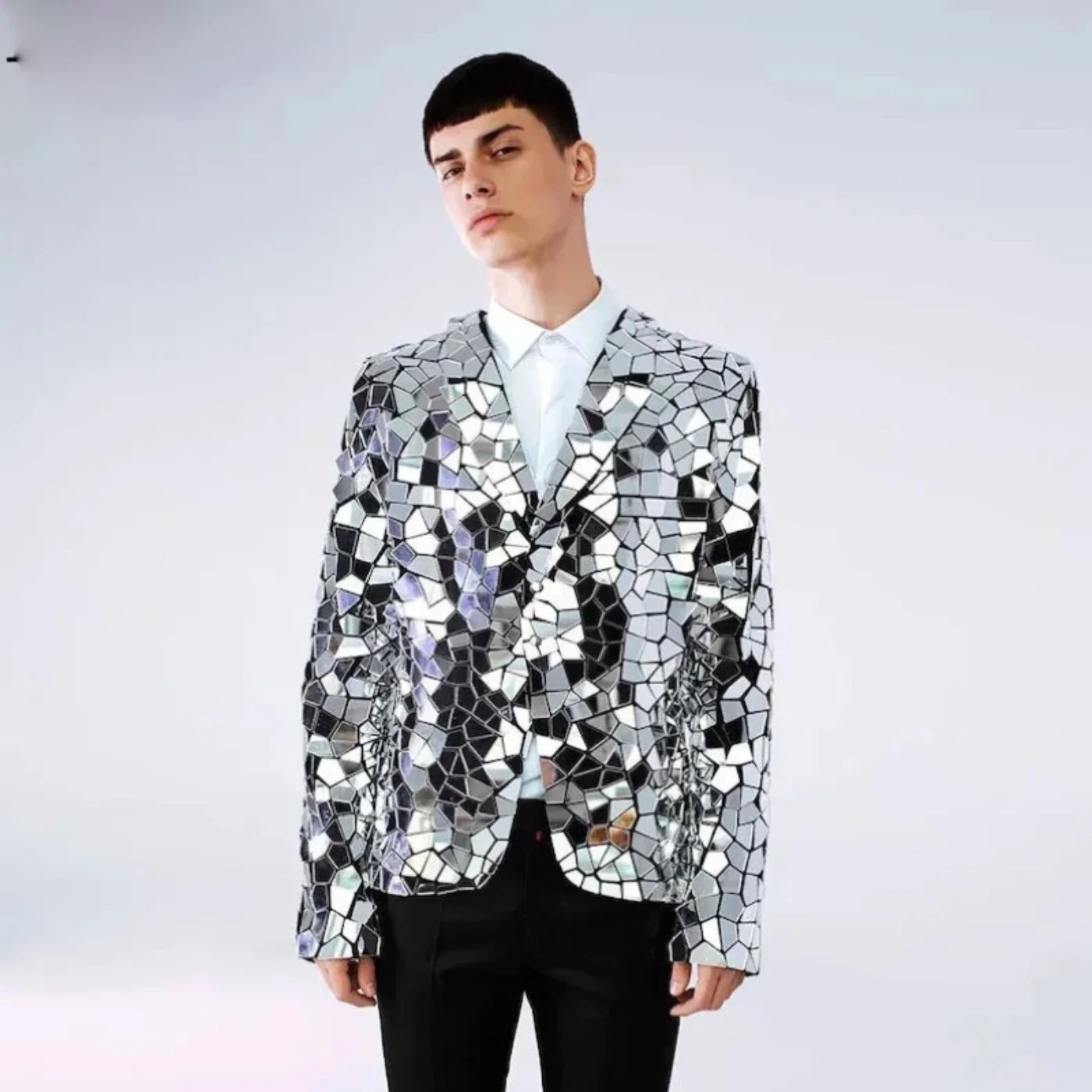 Glass Man Performance Costume Shiny Mirror Diamond Suit Coat Star Blazer Jacket Coat Celebrate Silver Mirror Jacket