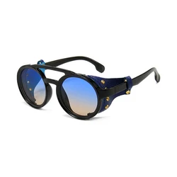 Steampunk Shields: Unisex Classic Round Sunglasses with Leather Side Accents and UV400 Protection (Blue lens)