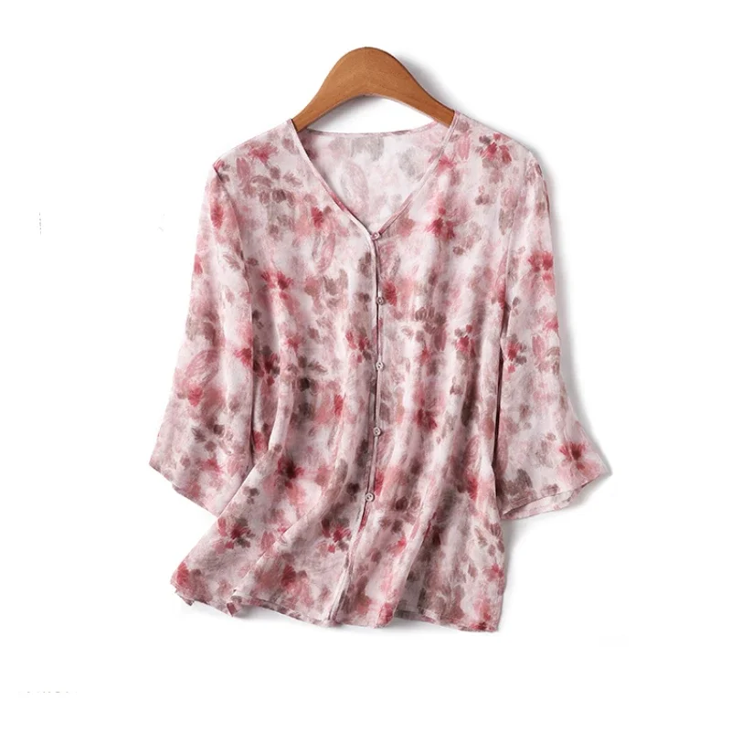 

Шифоновая женская рубашка с принтом, винтажная Свободная Повседневная Блузка с коротким рукавом и V-образным вырезом, корейский стиль, топы с коротким рукавом, на лето