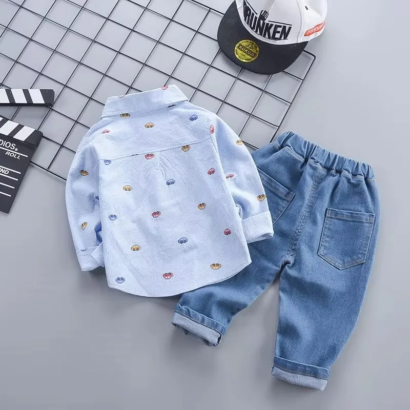 Infant Boys Daily Two Piece Clothes Set Adorable Car Print Long Sleeve Collared Shirt Elastic Waist Blue Denim Pants Suit 2
