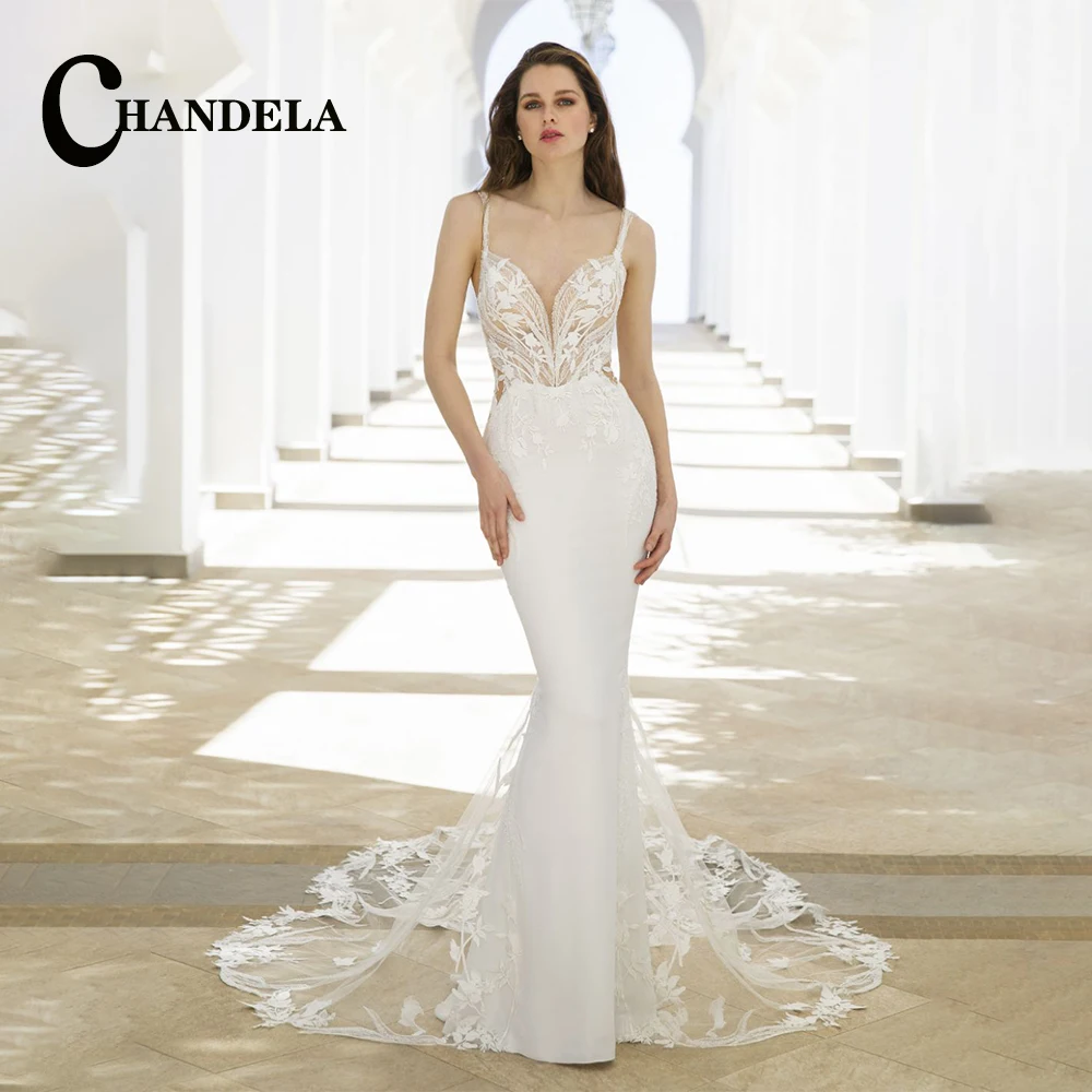 

CHANDELA Delicate Trumpet Wedding Dresses Spaghetti Strap Appliques Lace Tulle Court Trian Custom Made Vestido De Casamento