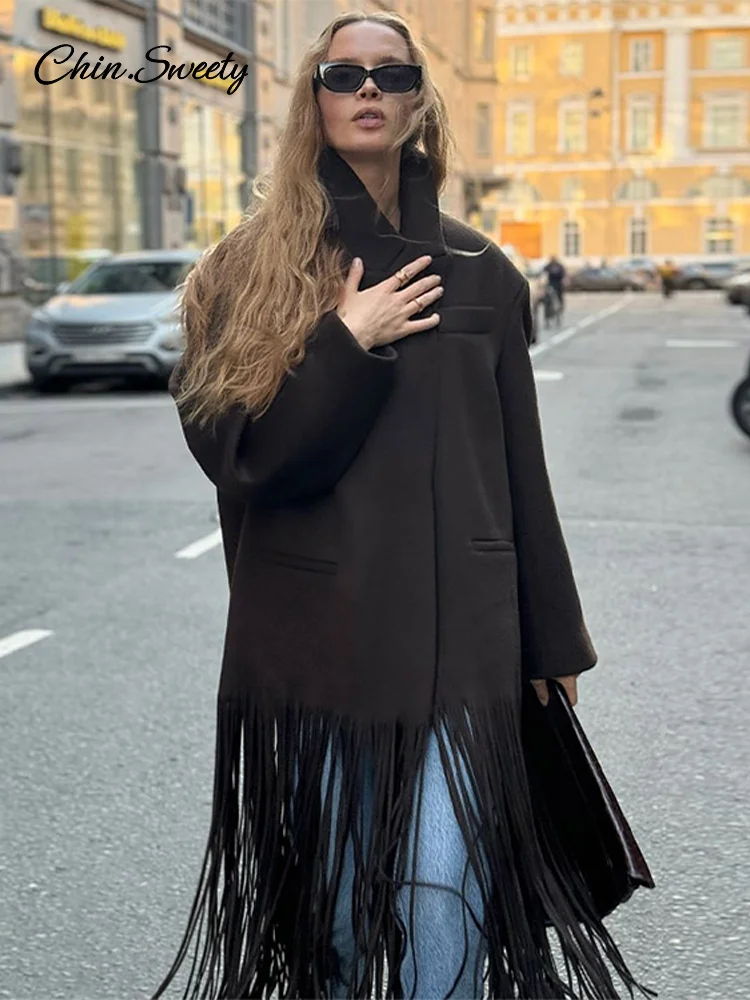 Fashion Woolen Tassel Long Coat Women Brown Single Breasted Long Sleeve Lapel Loose Jacket 2025 Spring High Street Outerwear