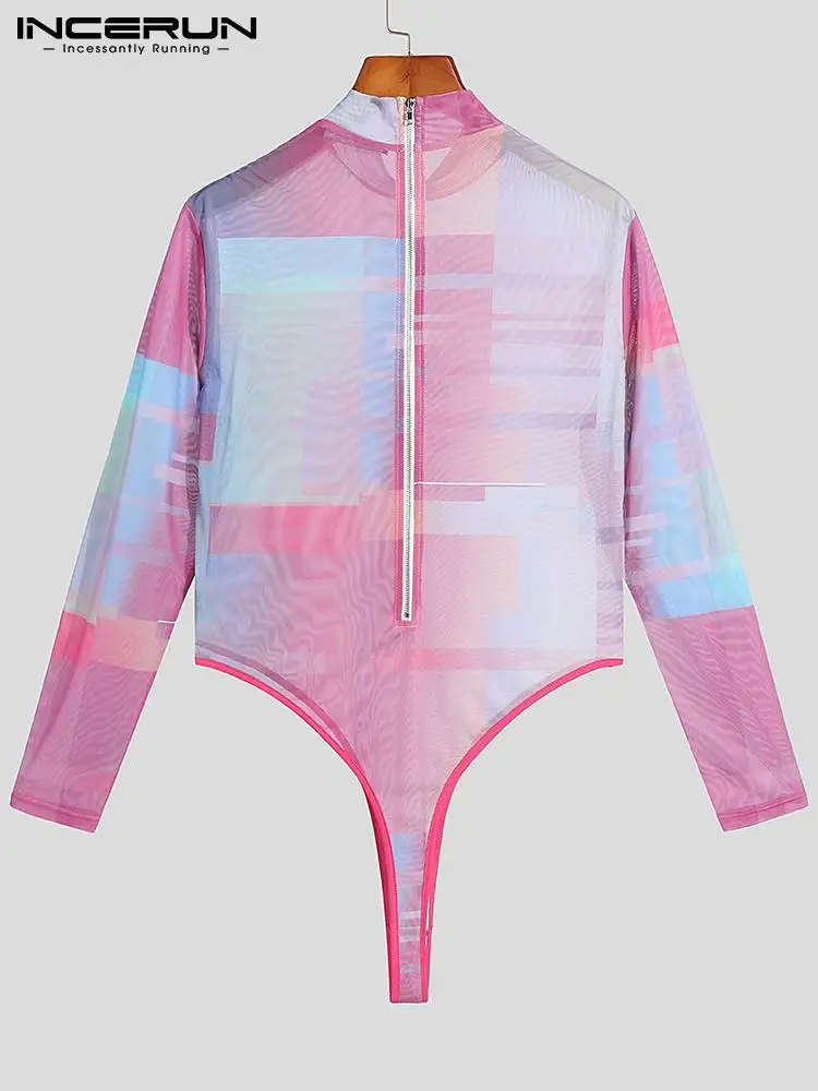 INCERUN American Style Men's Fashion Colorful Turtleneck Mesh Bodysuit Sexy Leisure Male Zipper Long-sleeved Jumpsuit S-5XL