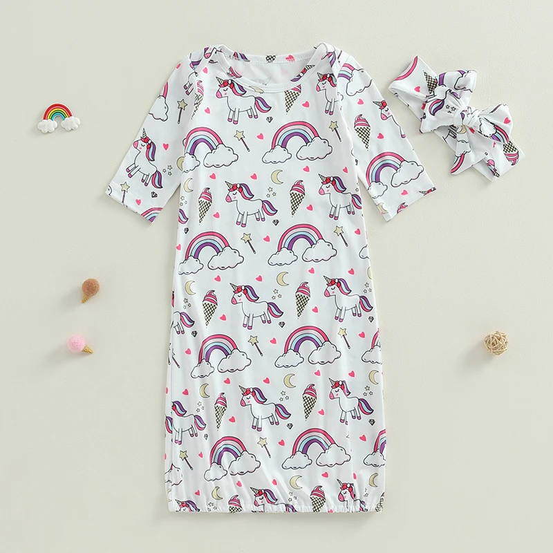 Description Picture 2 of itemBaby Newborn Sleeper Gown Cute Cartoon Print Long Sleeve Nightgown with Headband for Girls