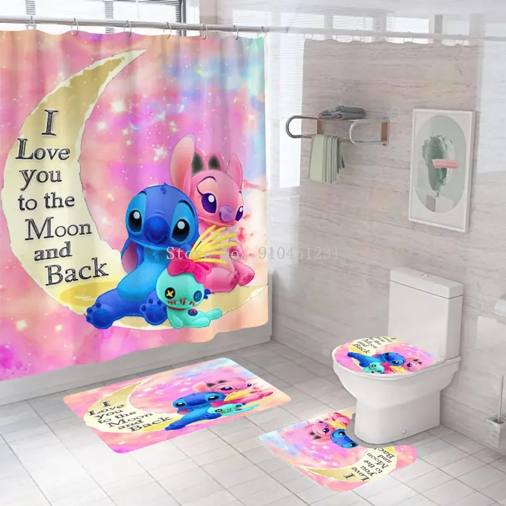 Cute Disney Lilo Stitch Bathroom Non-slip Mat Set Durable Waterproof Shower Curtain Set Pedestal Rug Lid Toilet Cover Bath Mat