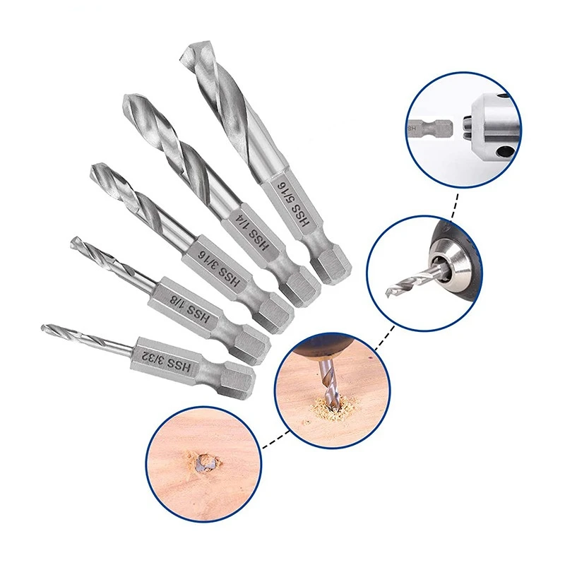 

5pcs Hex Shank Short Drill 6542 High Speed Steel Inch Combination Drill High Speed Steel 1/4 IN Quick Change Hex 3/32-5/16
