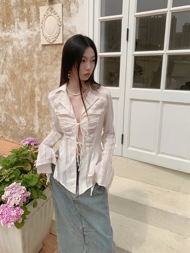 Genayooa Fairycore Lace Up Blouse Women Long Sleeve Spring