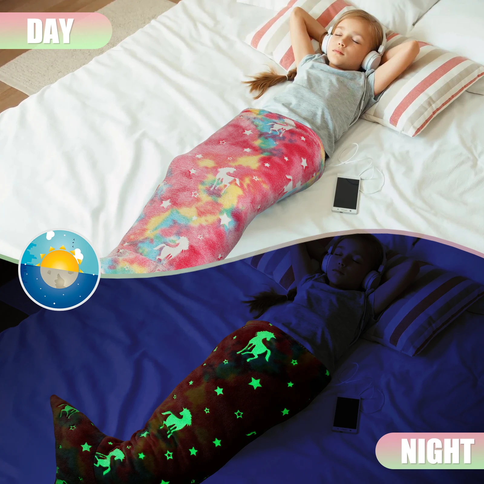 Flannel Mermaid Sleeping Bag Super Soft Luminous Mermaid Blanket Flannel Girls Mermaid Tail Blanket Gifts for Girls 3 to 6 Years 3