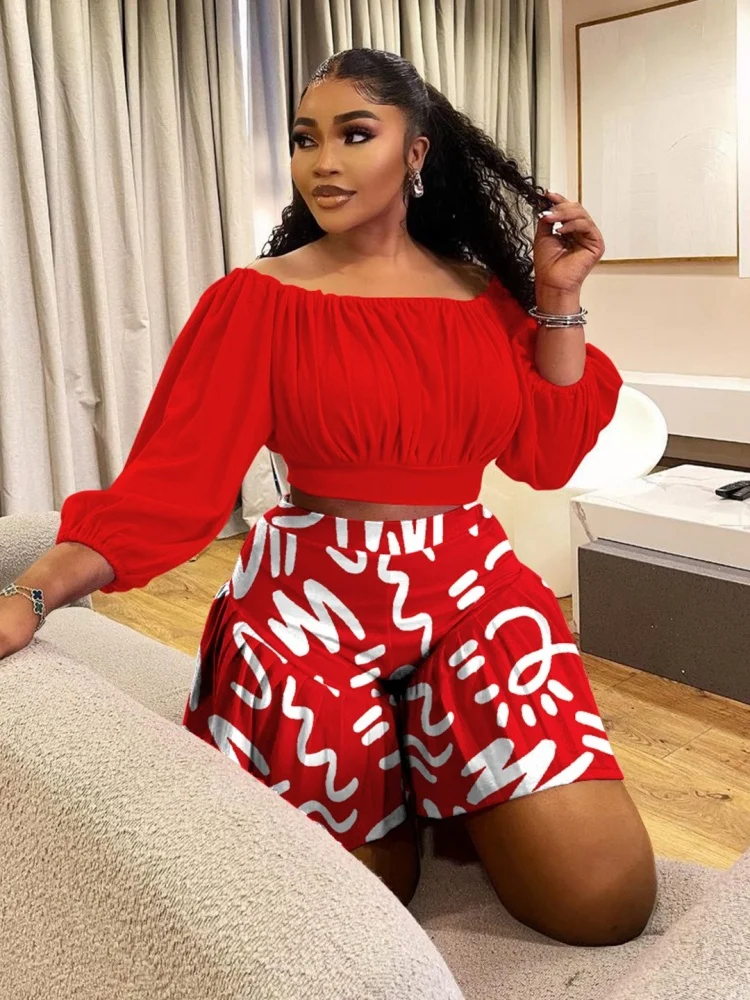 Wmstar Plus Size Two Piece Outfits Women's Clothing Wholesale New Style Pleated Off Shoulder  Casual Skirts Sets New Style