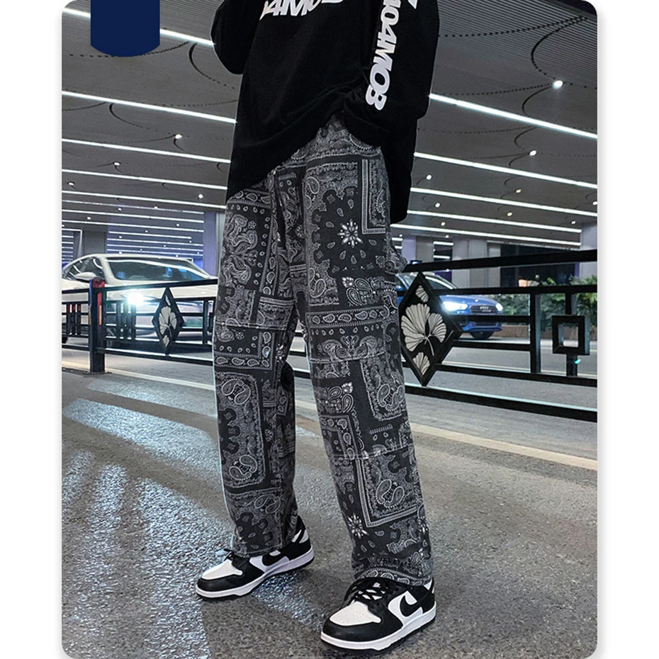 

Paisley Printed Loose Jeans Men Fashion Black Baggy Jeans Wide Legs Straight Denim Pants Unisex Spring Summer Jeans Trousers