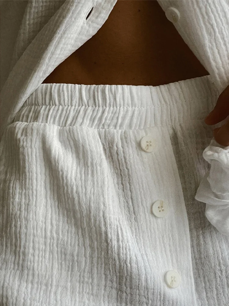 Weißes, geknittertes 2-teiliges Hemd- und Hosen-Set für Damen, Button-Down-Hemd, elastische Taille, weites Bein, Hose, lässige Loungewear, elegantes Outfit – Detail 3