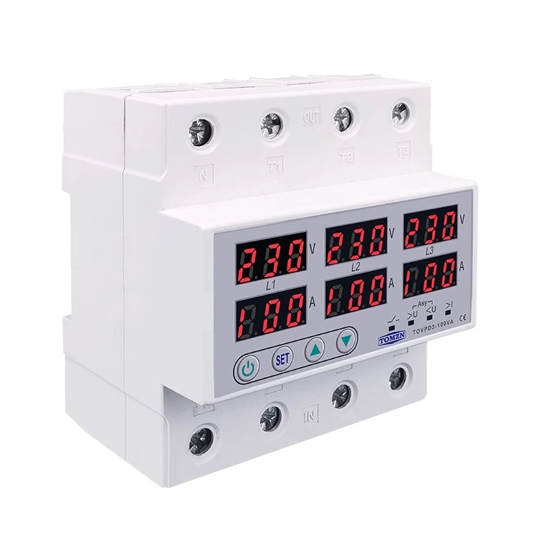 

HOT-TOMZN Din Rail 3 Phase Voltage Relay 380V Voltmeter Ammeter over and Under Voltage Monitor Relays Protector 100A