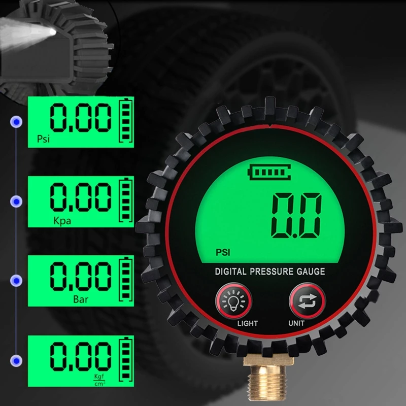 Portable 255PSI Digital Tire Pressure Gauge with Rubber Hose and Quick Connect Coupler Psi Bar Kpa Kgf/cm2