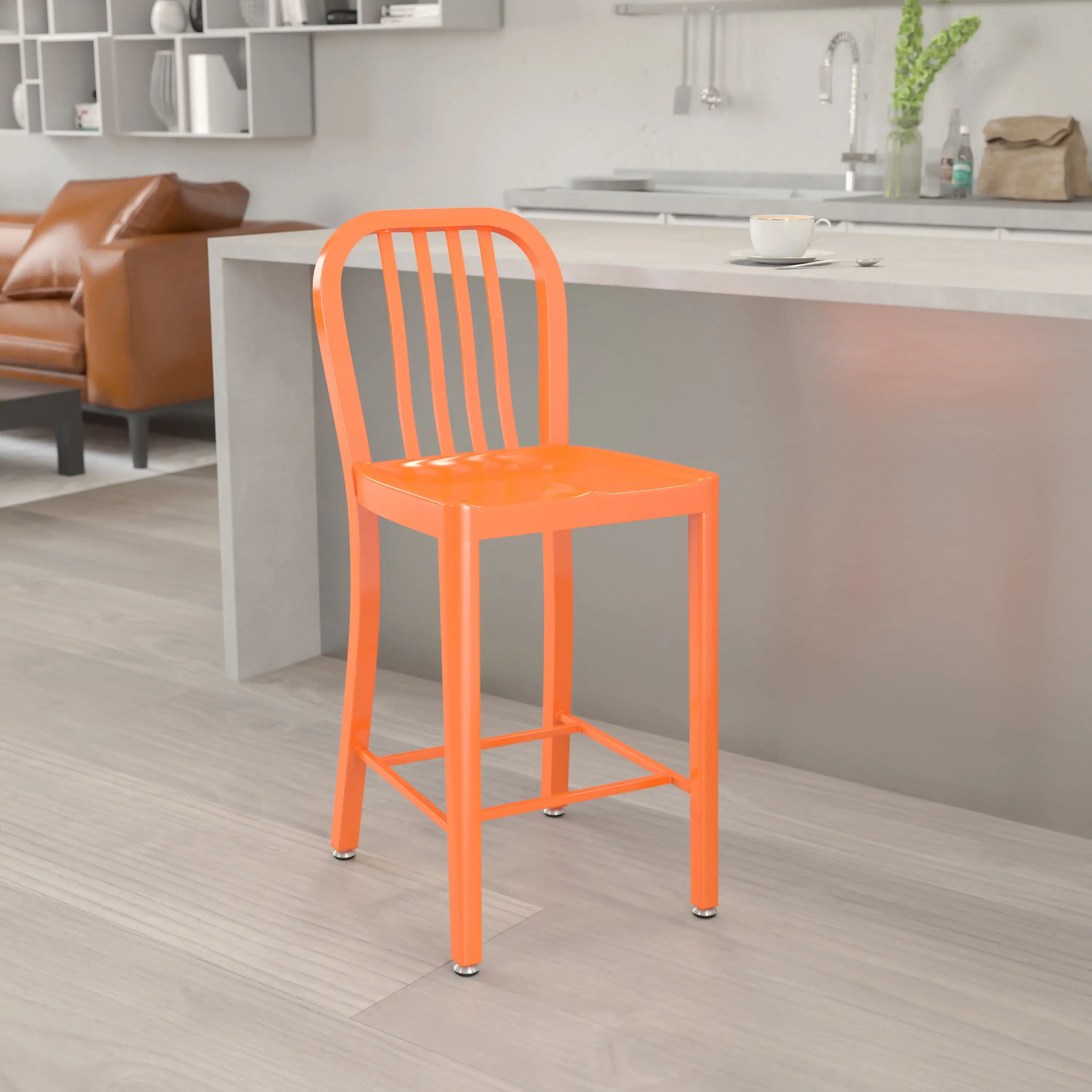 

24" Counter Height Stool Kitchen Orange Metal Bar Chair w/ Vertical Slat Back